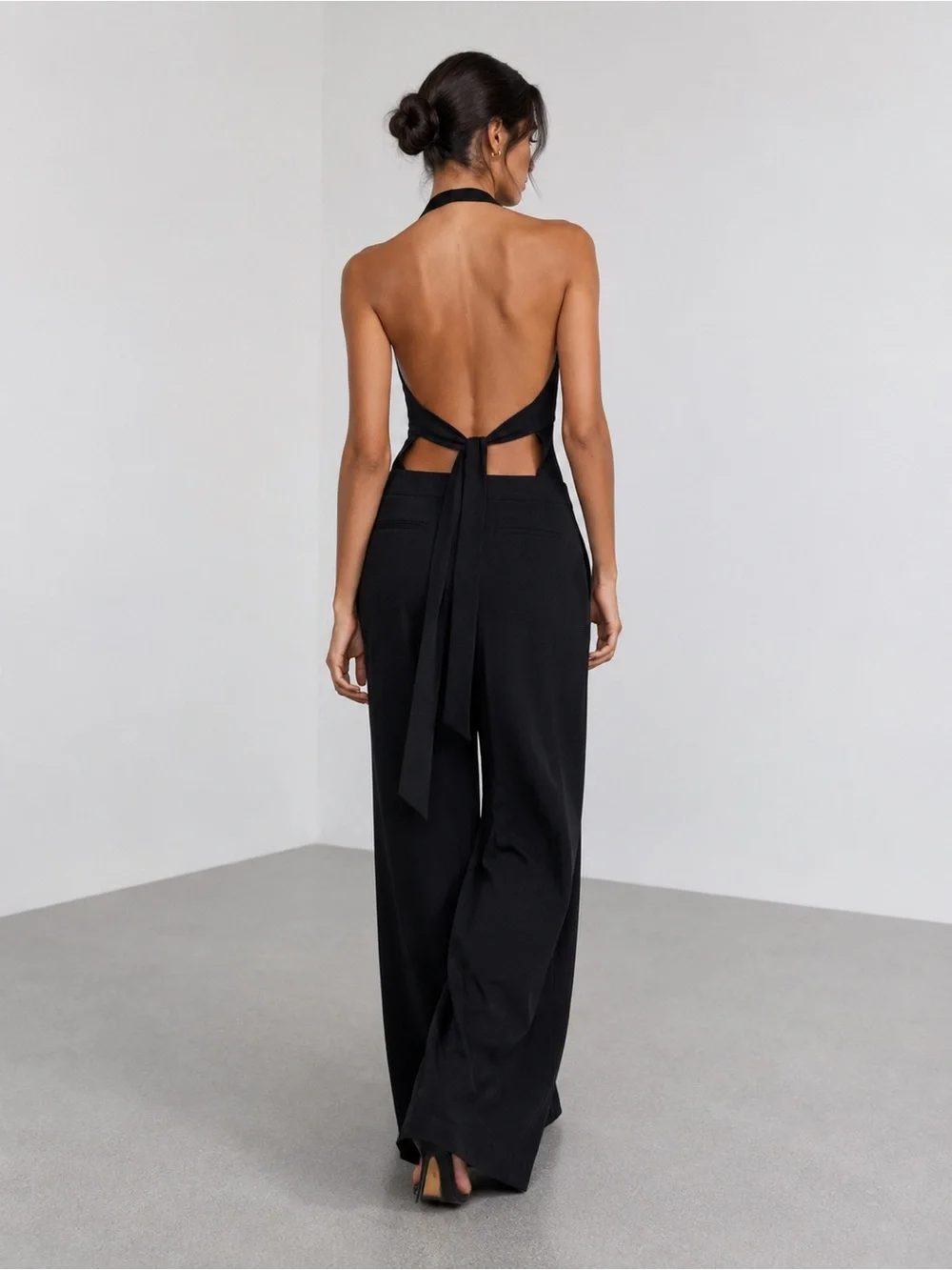 ZARA LONG OPEN BACK JUMPSUIT Black Cotton/Linen Blend XL NWT
